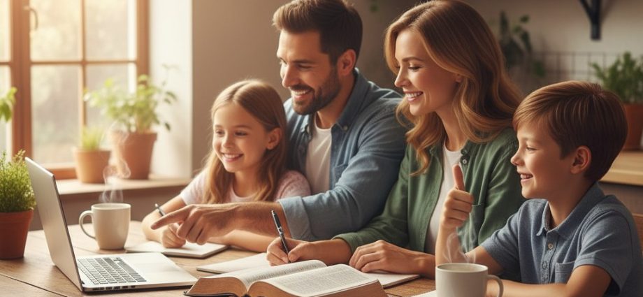 Christian family managing finances God’s way with open Bible
