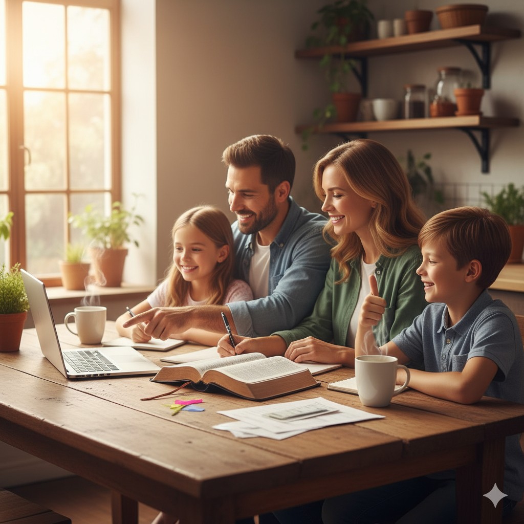 Christian family managing finances God’s way with open Bible