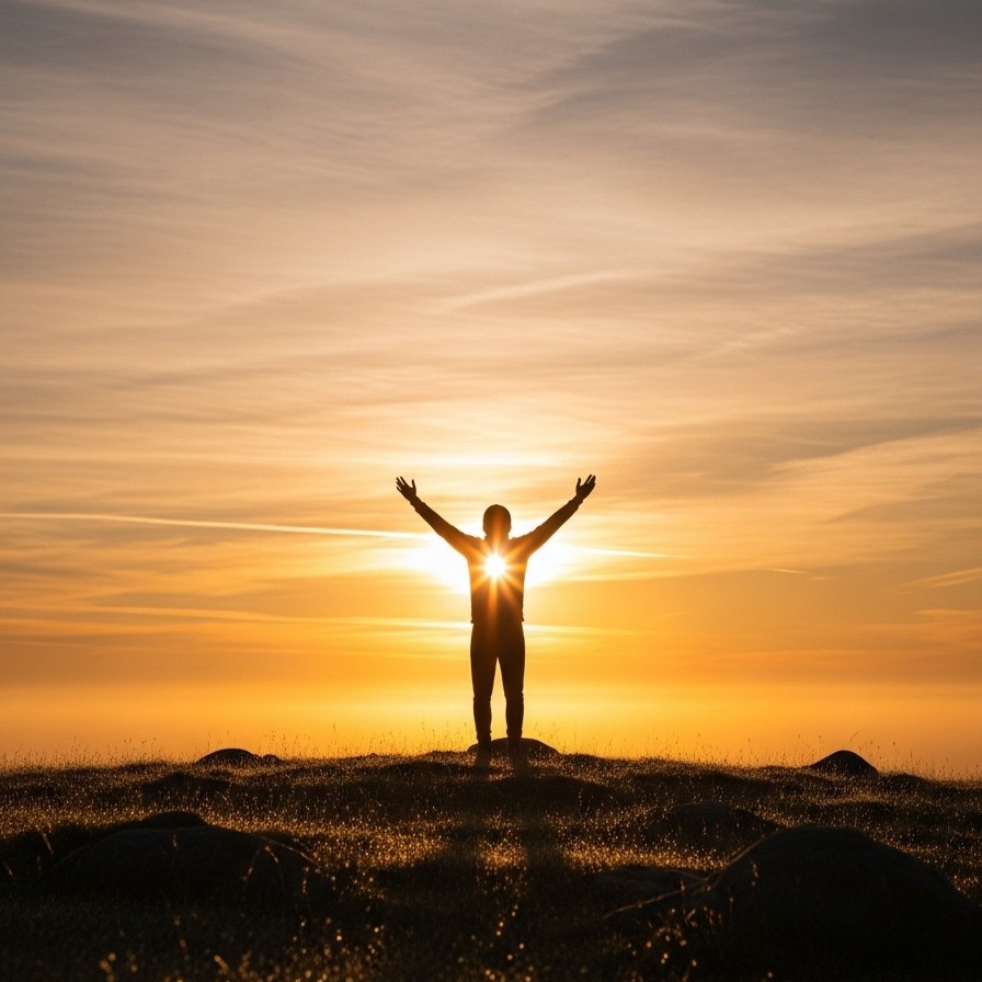 Christian standing in prayer at sunrise — overcoming fear with faith.