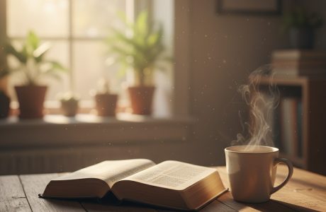 Open Bible on a table with morning light,