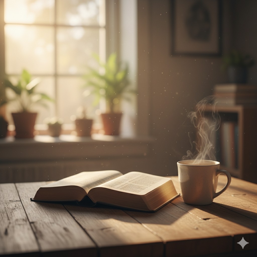 Open Bible on a table with morning light,